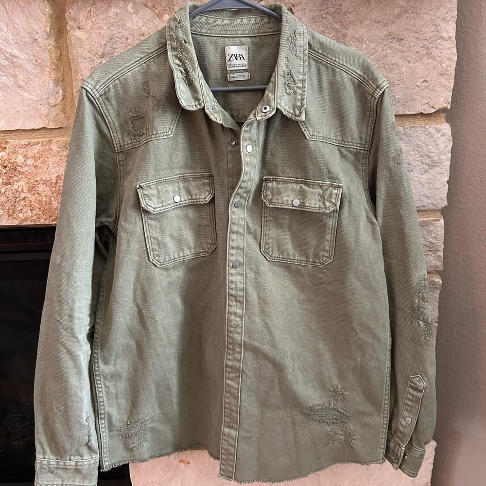 Zara Olive Green Distressed Utility Shirt Jacket